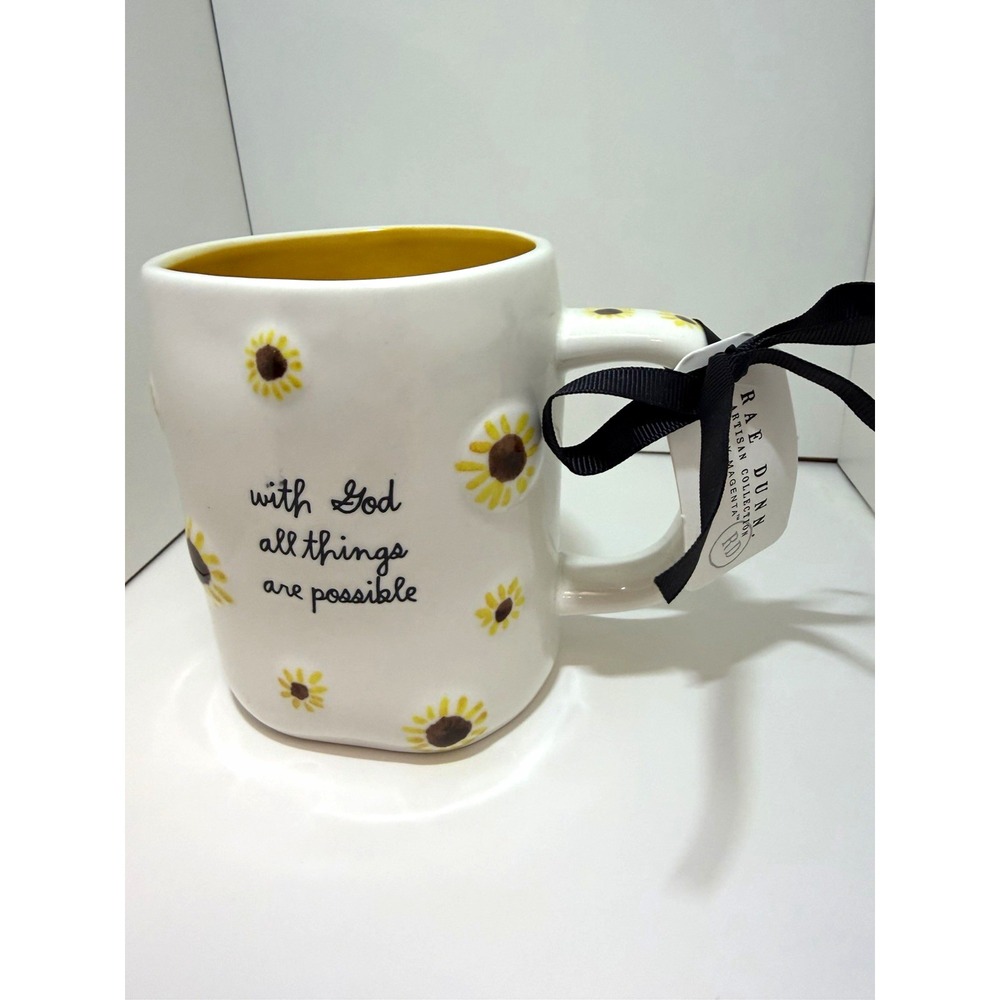 Rae Dunn "With God All Things Are Possible" Sunflower Ceramic Mug NWT!! 🌻🌻